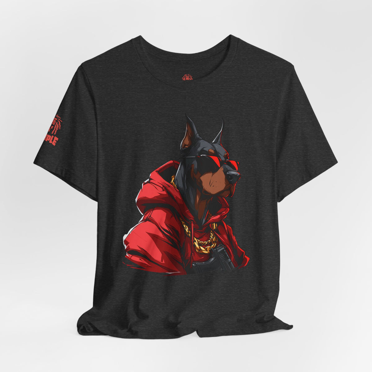 Doberman Streetwear T‑Shirt — Red Hoodie Dog Graphic Tee
