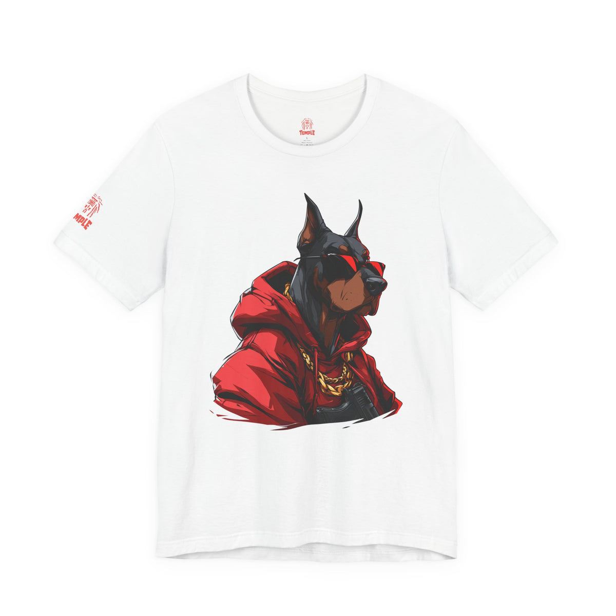 Doberman Streetwear T‑Shirt — Red Hoodie Dog Graphic Tee