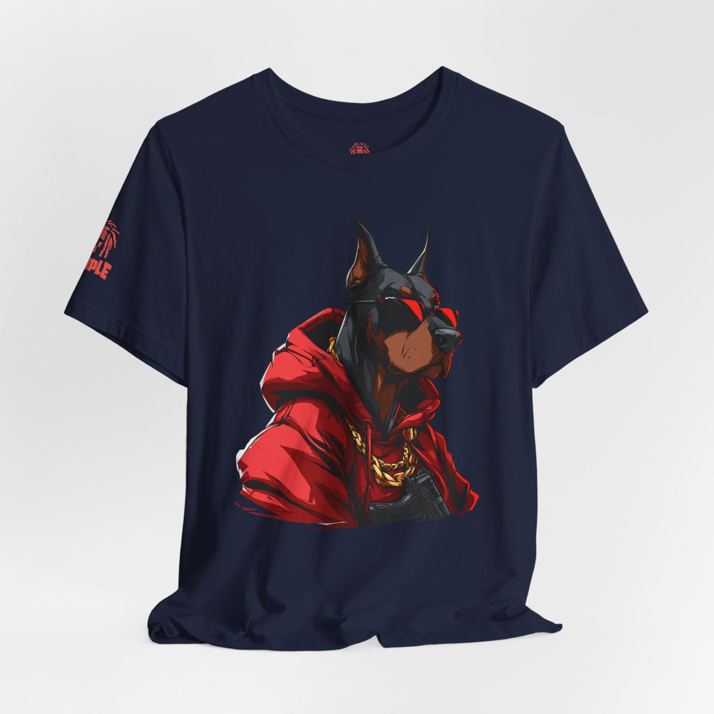 Doberman Streetwear T‑Shirt — Red Hoodie Dog Graphic Tee