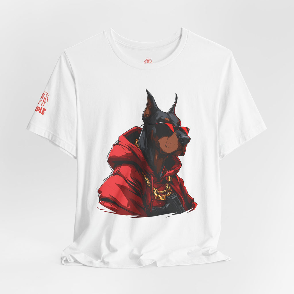 Doberman Streetwear T‑Shirt — Red Hoodie Dog Graphic Tee