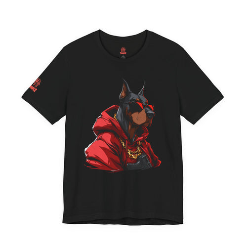 Doberman Streetwear T‑Shirt — Red Hoodie Dog Graphic Tee