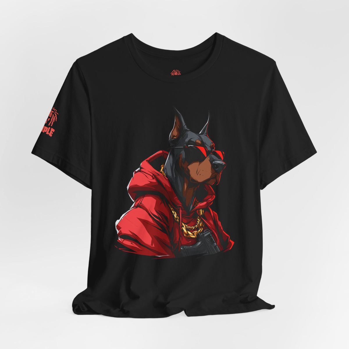 Doberman Streetwear T‑Shirt — Red Hoodie Dog Graphic Tee